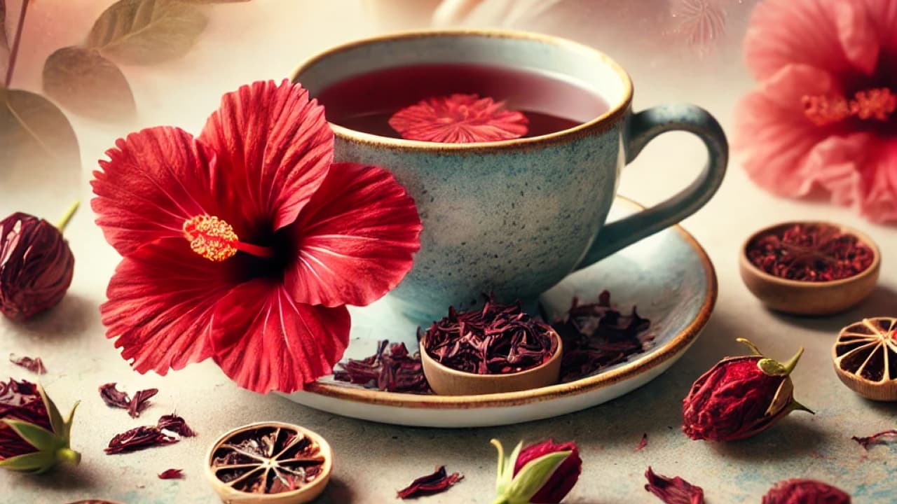 A cup filled with hibiscus tea, adorned with a hibiscus flower