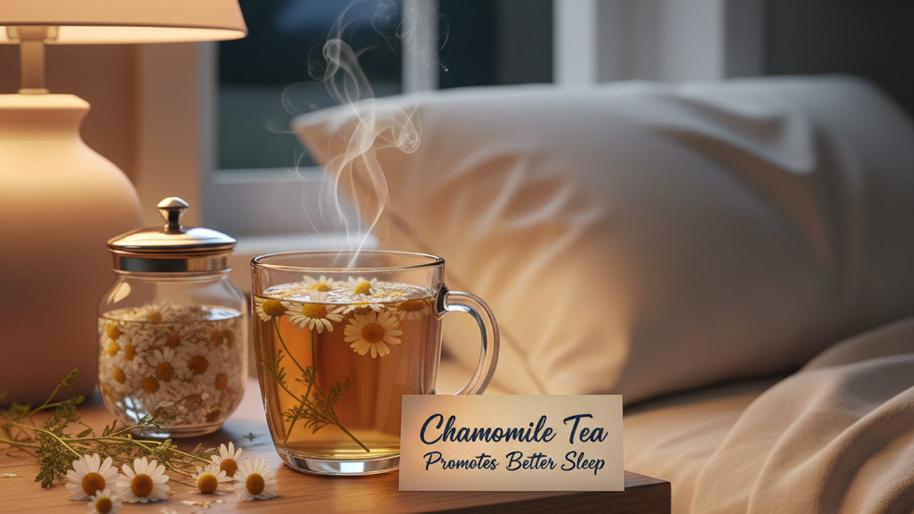 A cup of chamomile tea on a side table