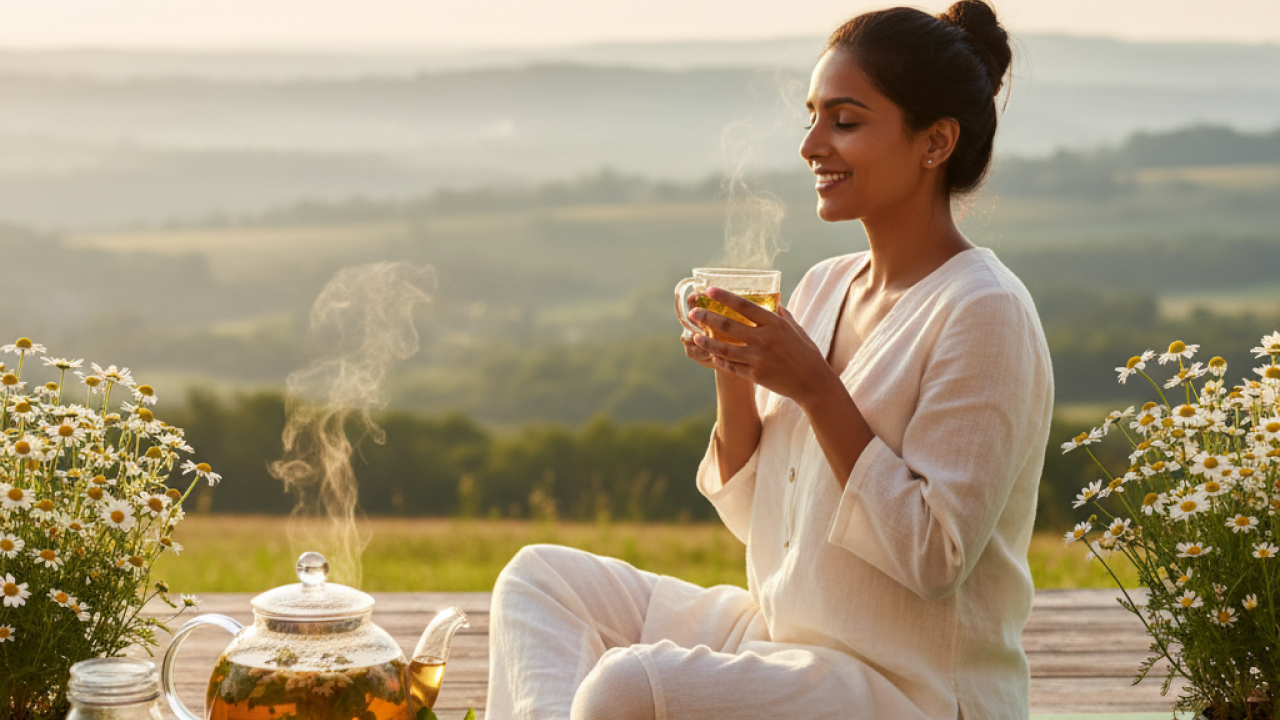 A woman is happily drinking tea