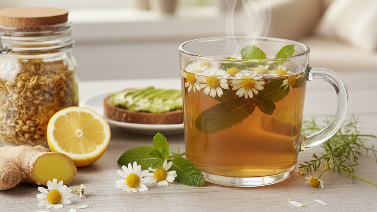 A cup filled with chamomile tea, which has several health benefits