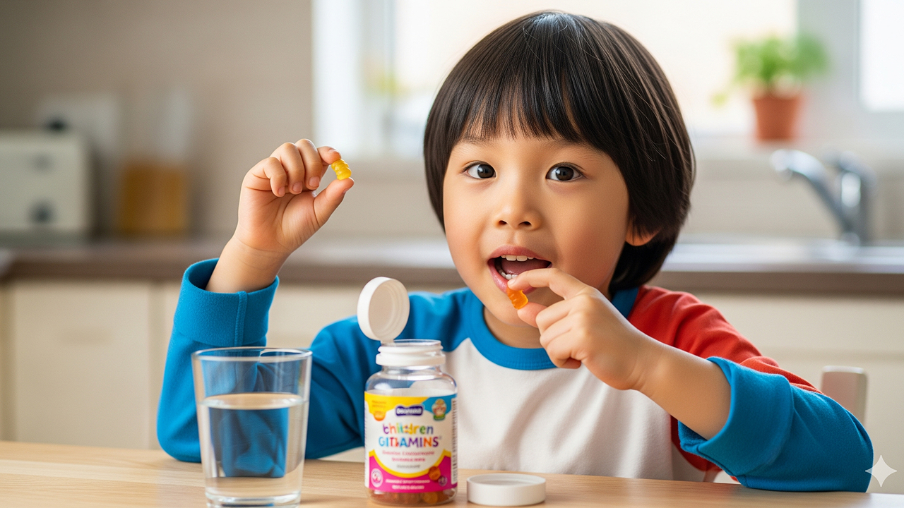 A kid is eating vitamins