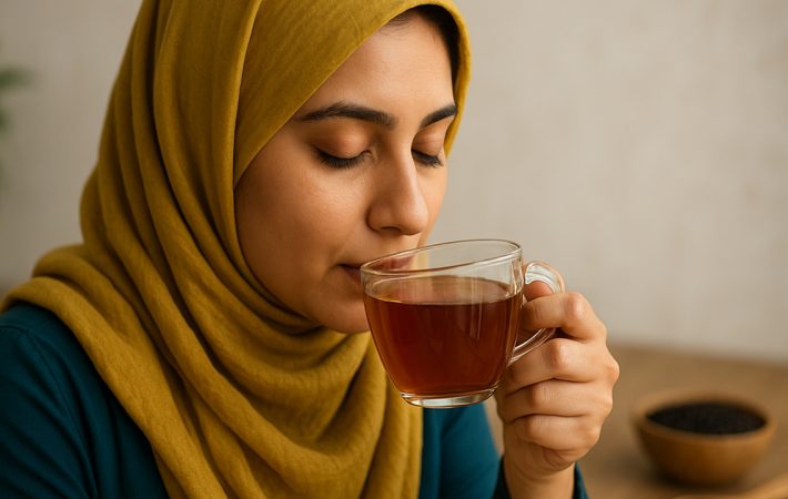 Woman drinking black seed tea