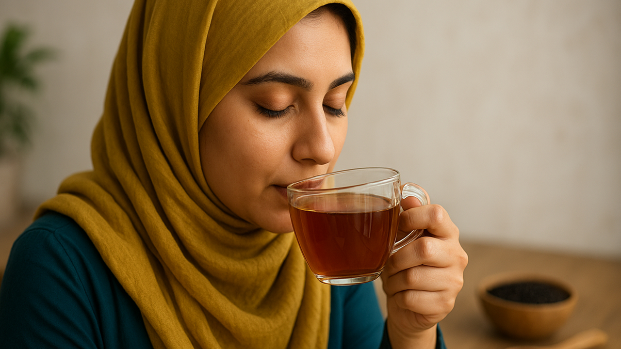 Woman drinking black seed tea