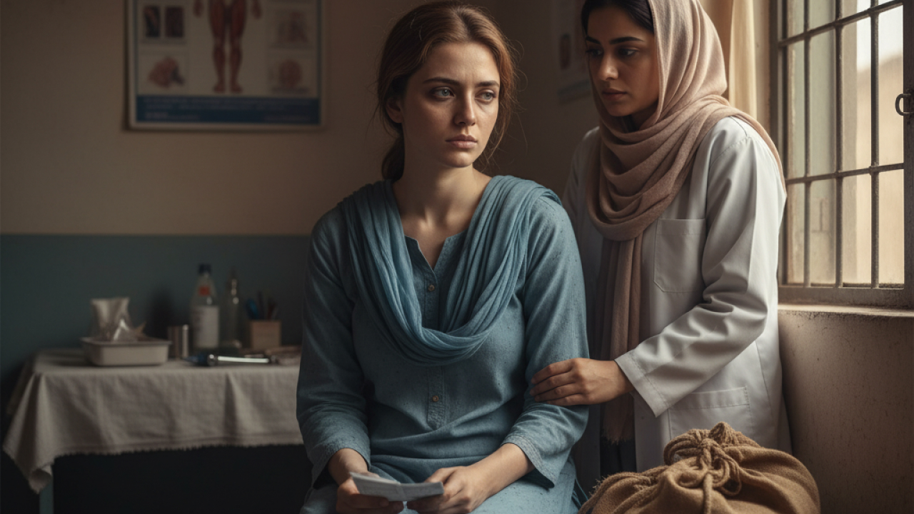 A woman with symptoms of anemia is being treated by a doctor in a clinic