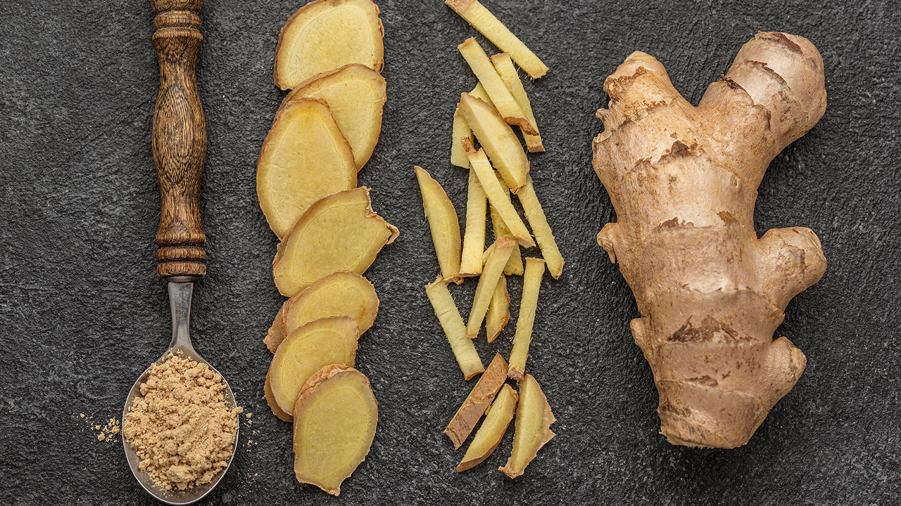 Arrangement of ginger cut n different shapes on table