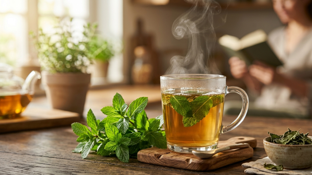 A cup of peppermint tea on a wooden table