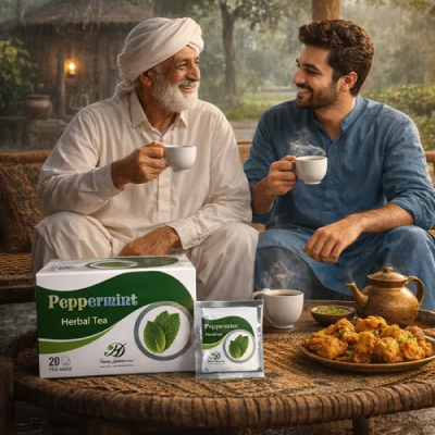 two men are drinking peppermint tea