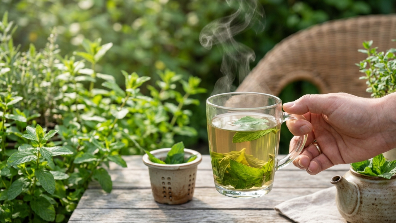 A hand holding a cup of herbal tea