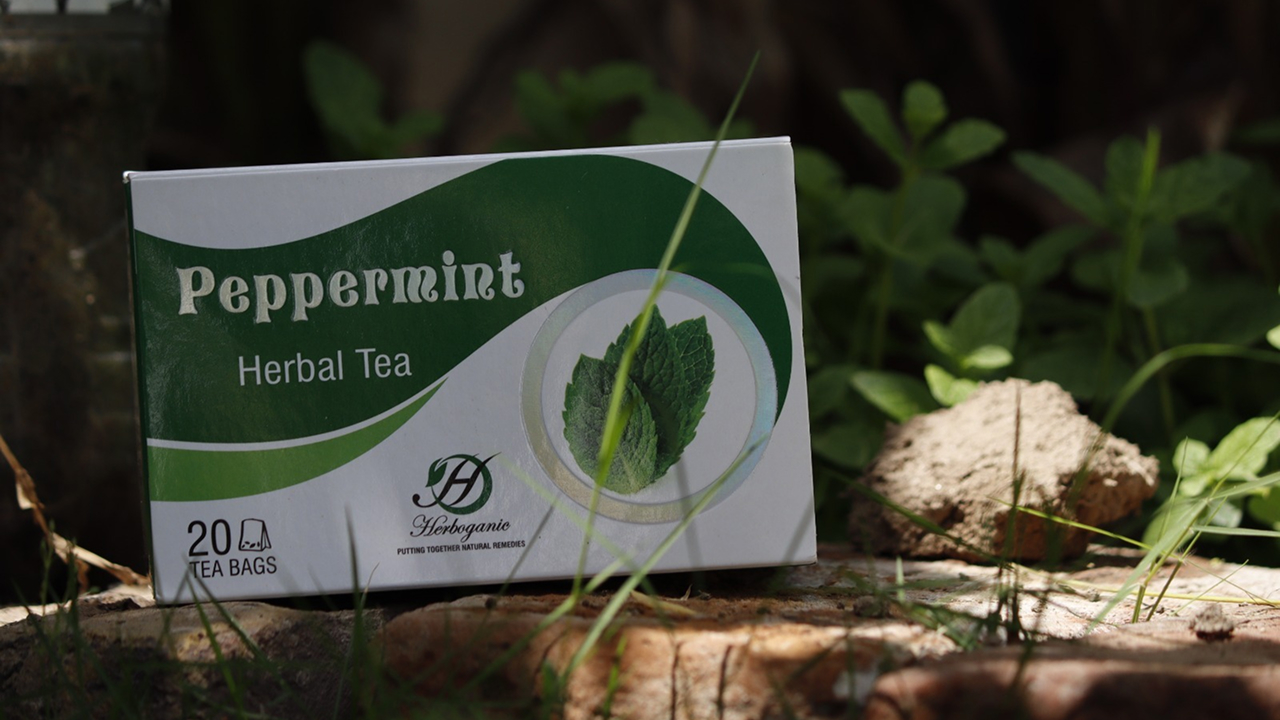 A box of Herboganic peppermint herbal tea