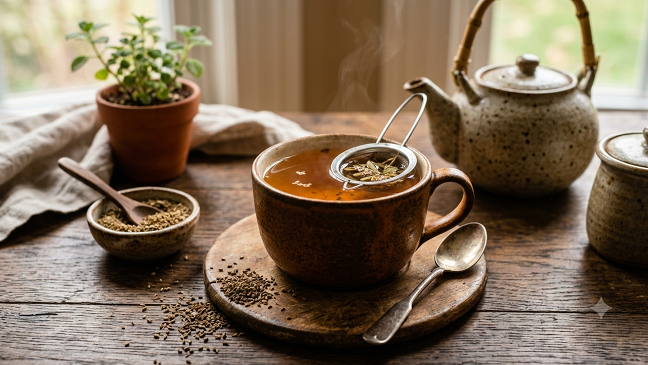 A cup of ajwain tea on a wooden table