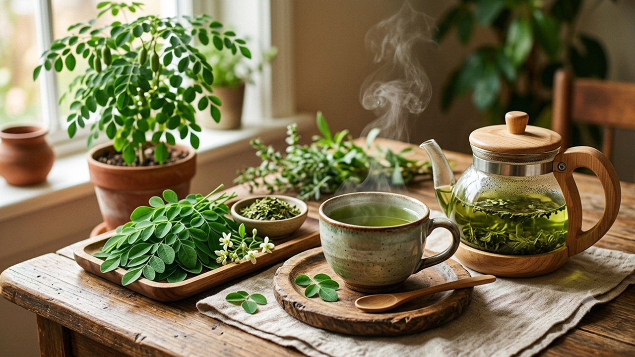 Steaming moringa tea on wooden table with fresh leaves