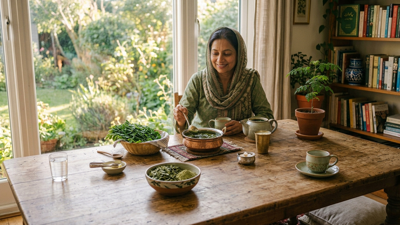 Pakistani woman preparing moringa tea