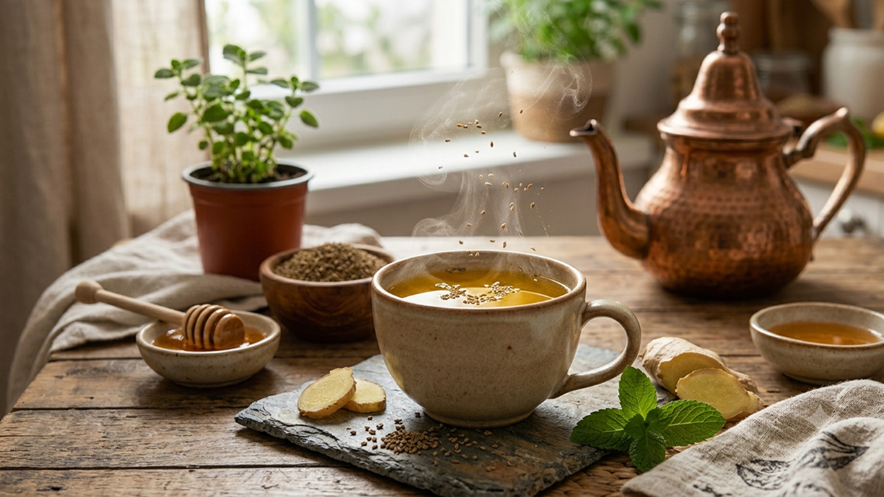 A steaming cup of golden herbal tea