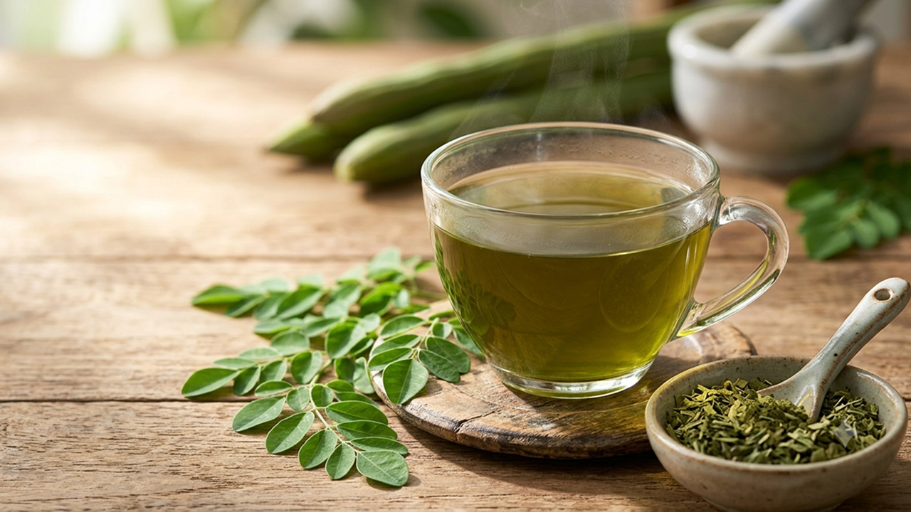 A cup of hot moringa tea on a wooden table