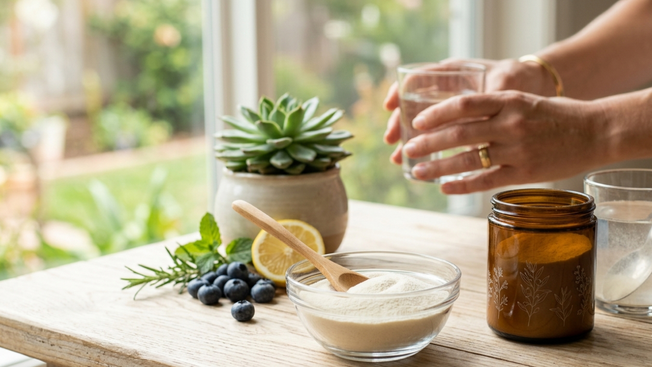Collagen powder and fresh fruits on a table
