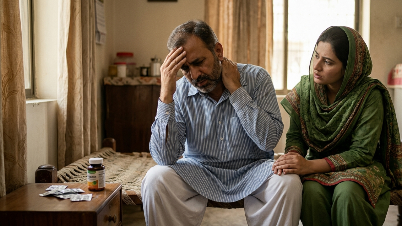 A man sitting on a bed and holding his head and neck in discomfort