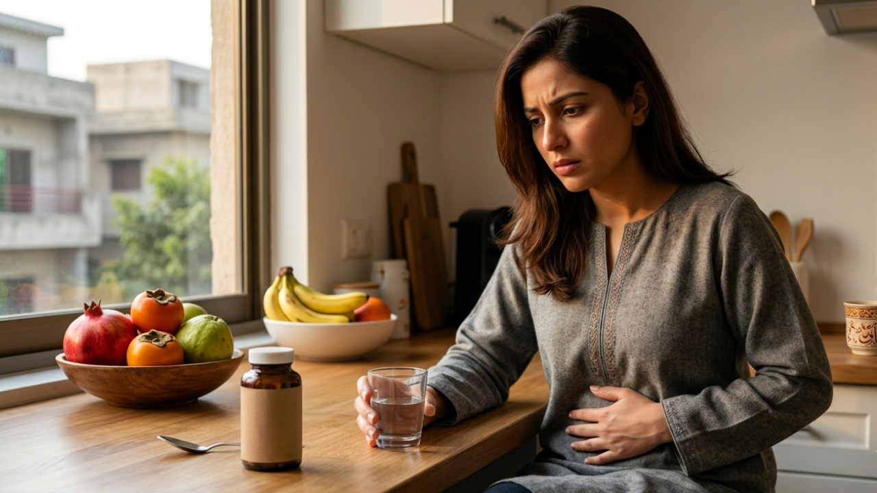 A woman holding her stomach in pain