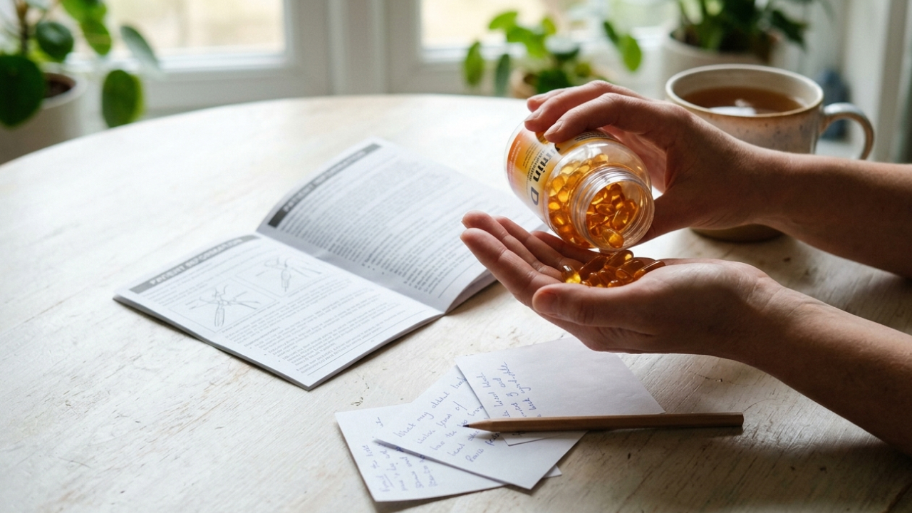 A person pouring vitamin D capsules